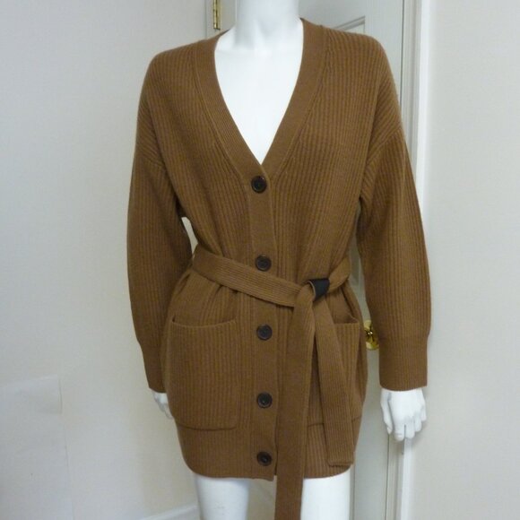 VINCE Belted Ribbed Wool and Cashmere-Blend Cardigan - Picture 5 of 8